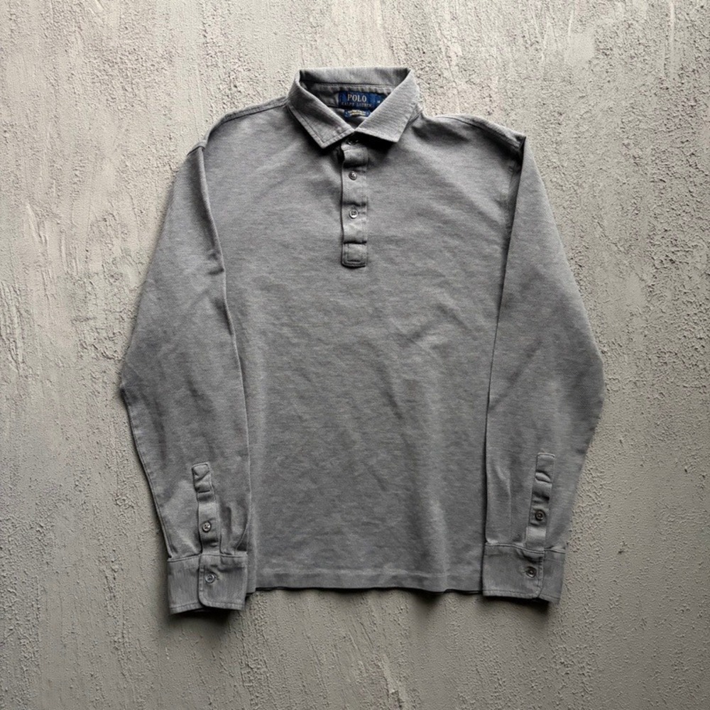 Polo Ralph Lauren Long Sleeve Polo Medium Gray 90s Stretch Mesh Custom Slim
